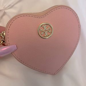 Tory Burch pink leather heart coin pouch.